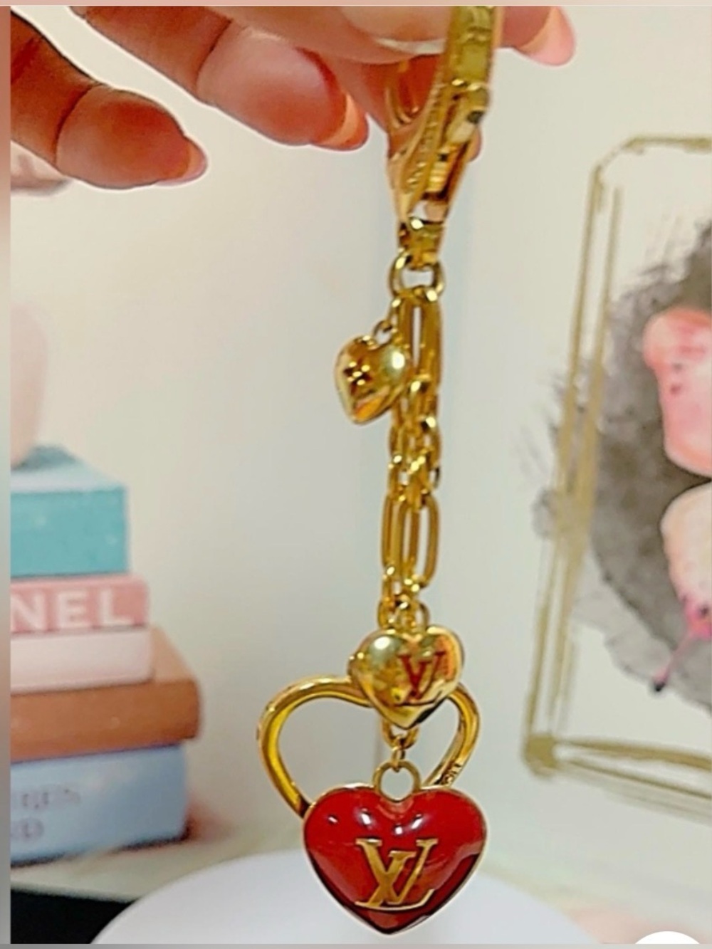 Louis Vuitton Gold and Red Heart Charm Key Holder